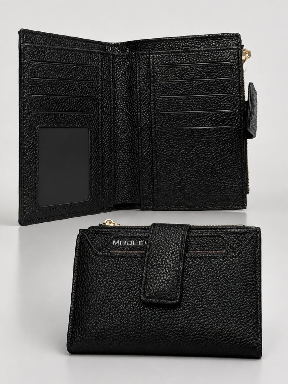Black Pebbled Leather Zip Wallet Card Holder Compact Organizer